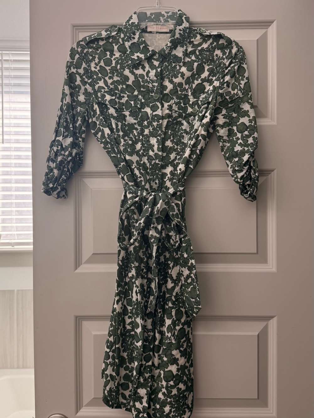 Tory Burch Green and White Floral Shirt Midi Dress